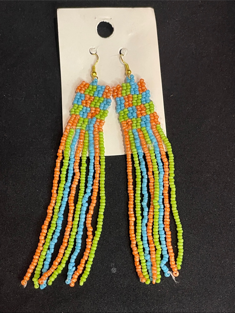 Handmade Beaded Fringe Earrings - Orange, Blue & Lime